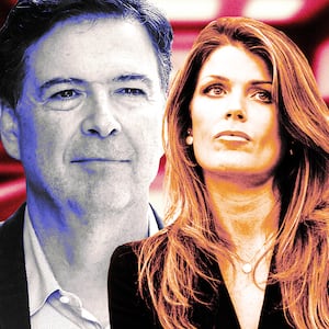 A photo illustration of James Comey and Lindsay Halligan.