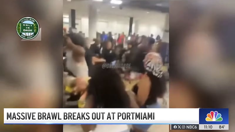 NBC News shows the footage of physical altercation that broke out between two families disembarking a Carnival cruise to the Bahama's from Miami.