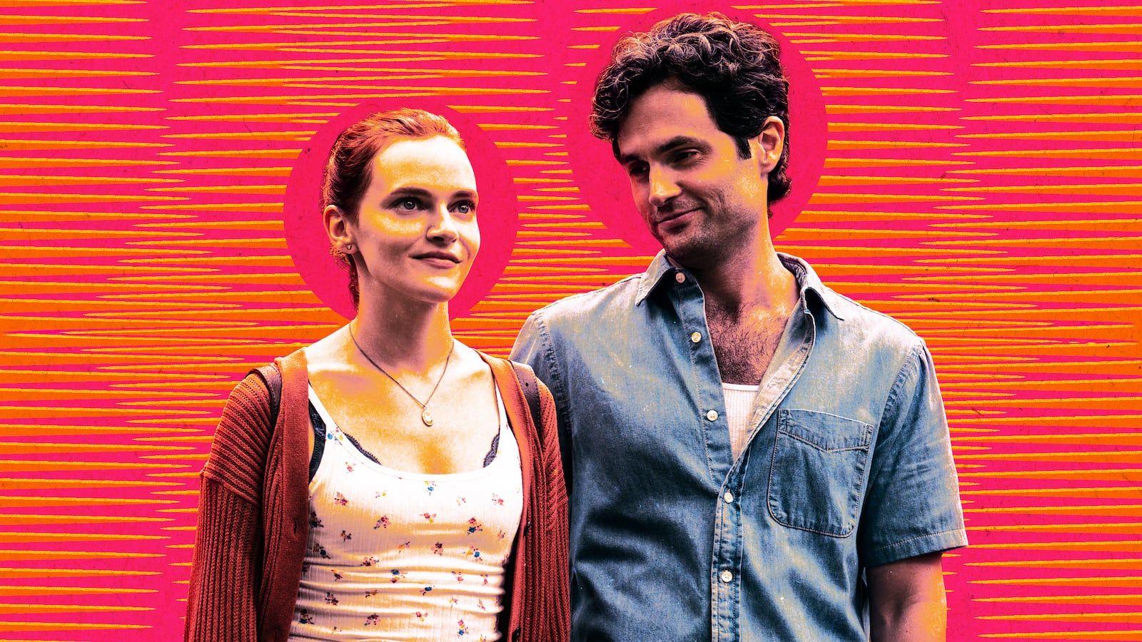 A photo illustration of Madeline Brewer as Bronte, Penn Badgley as Joe Goldberg in You.