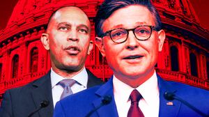 A photo illustration of Hakeem Jeffries and Mike Johnson in front of the Capitol building.