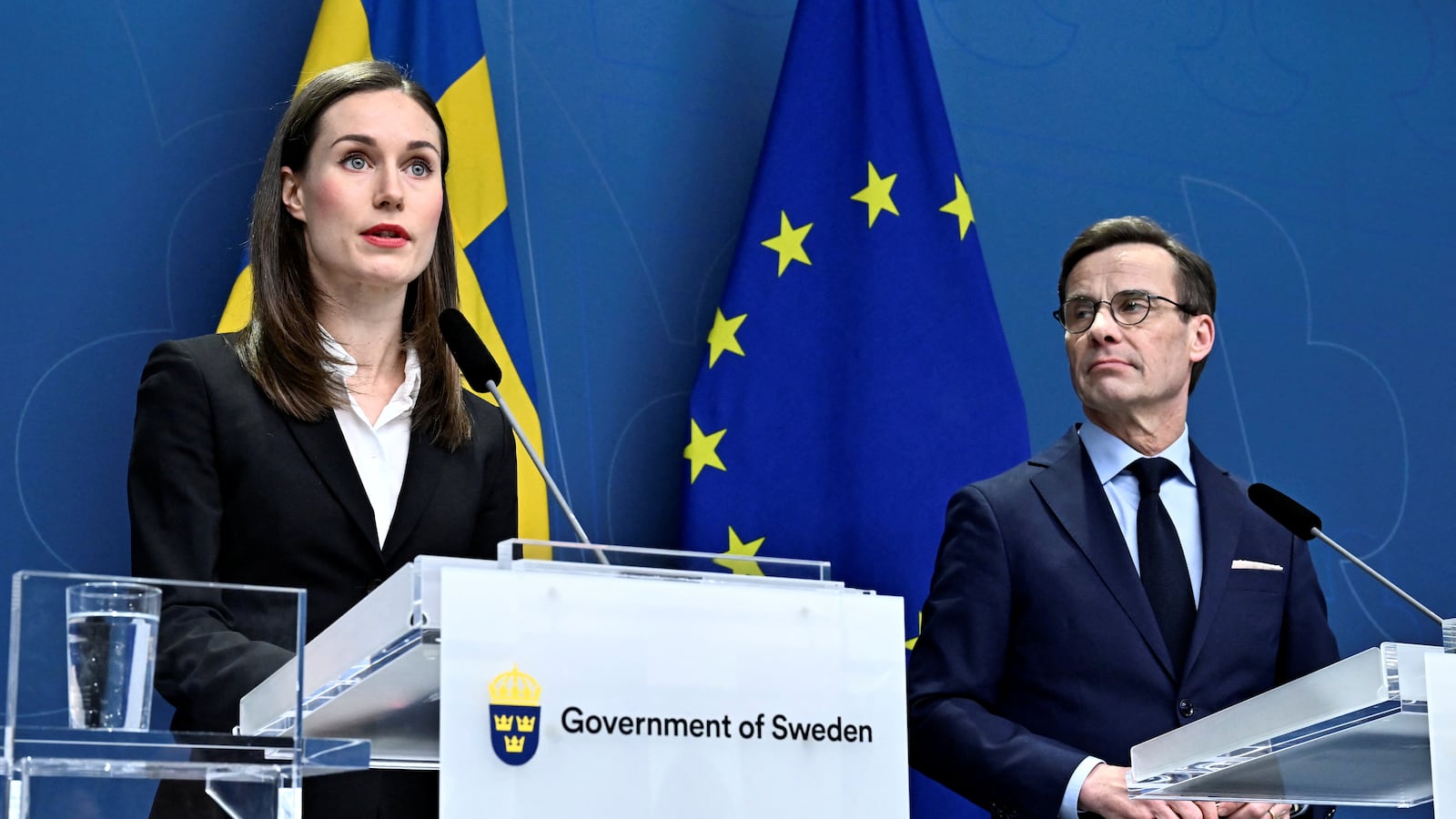 Finnish Prime Minister Sanna Marin and Swedish Prime Minister Ulf Kristersson hold a joint news conference at the government headquarters Rosenbad as they meet in Stockholm, Sweden, Feb. 2, 2023.