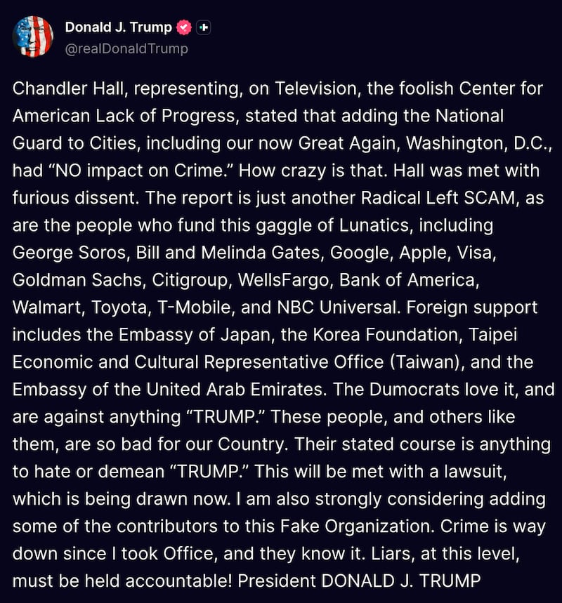 Screenshot of Trump's Truth Social post.