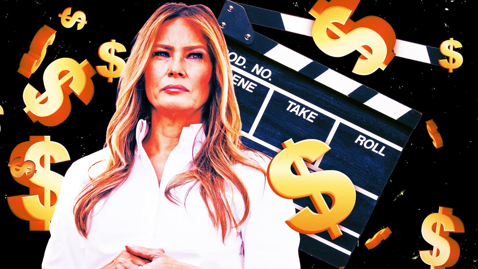 A photo illustration of Melania Trump, a movie clapperboard, and dollar signs.
