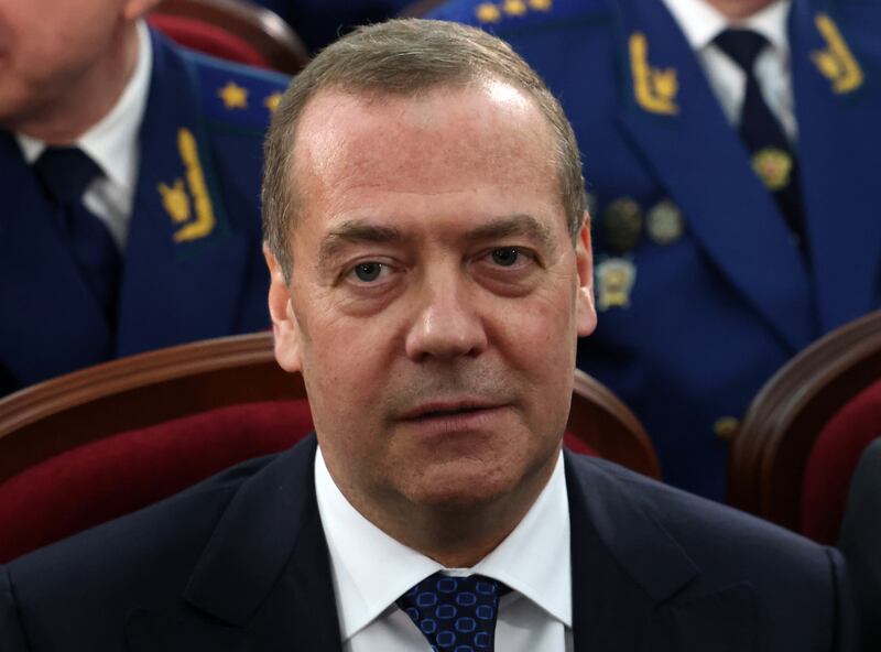 MOSCOW, RUSSIA - MARCH 19 (RUSSIA OUT) Former Russian President, Deputy Chairman of the Securuty Council Dmitry Medvedev  looks on during the Board of the Prosecutor-General Main Office, March 19, 2025, in Moscow, Russia. Putin visited an annual meeting with prosecutors. (Photo by Contributor/Getty Images)