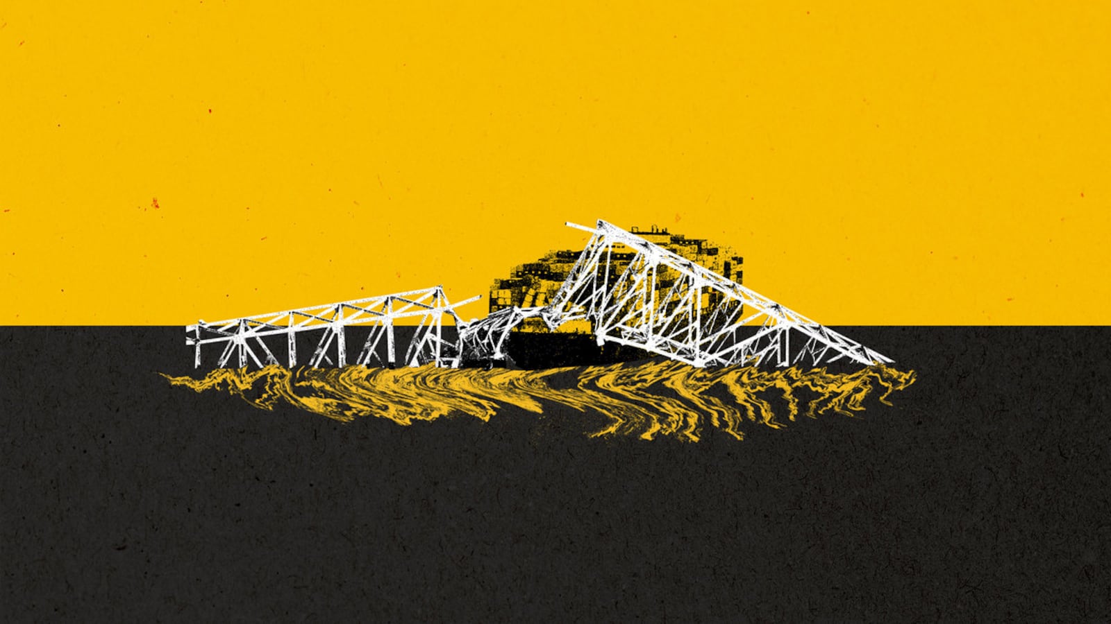 Photo illustration of the Francis Scott Key Bridge collapse in Baltimore, Maryland on a yellow and black background