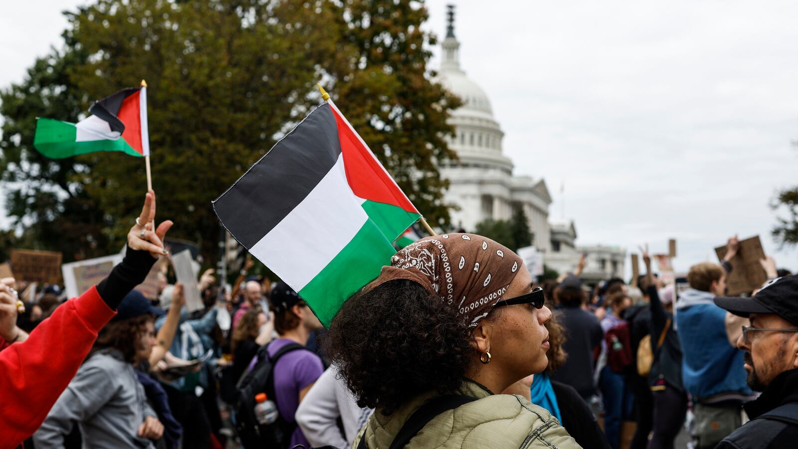 Demonstrators attend a rally in support of a cease fire in Gaza.