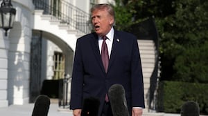 U.S. President Donald Trump speaks to members of the media prior to a South Lawn departure at the White House on October 2, 2026 in Washington, DC.