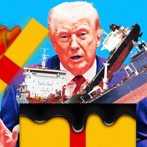 A photo illustration of Donald Trump opening a present box full of oil tankers and oil.