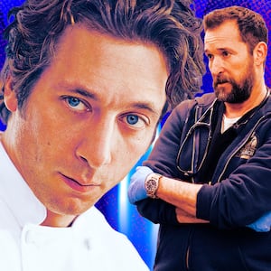 A photo illustration of The Bear and The Pitt cast.