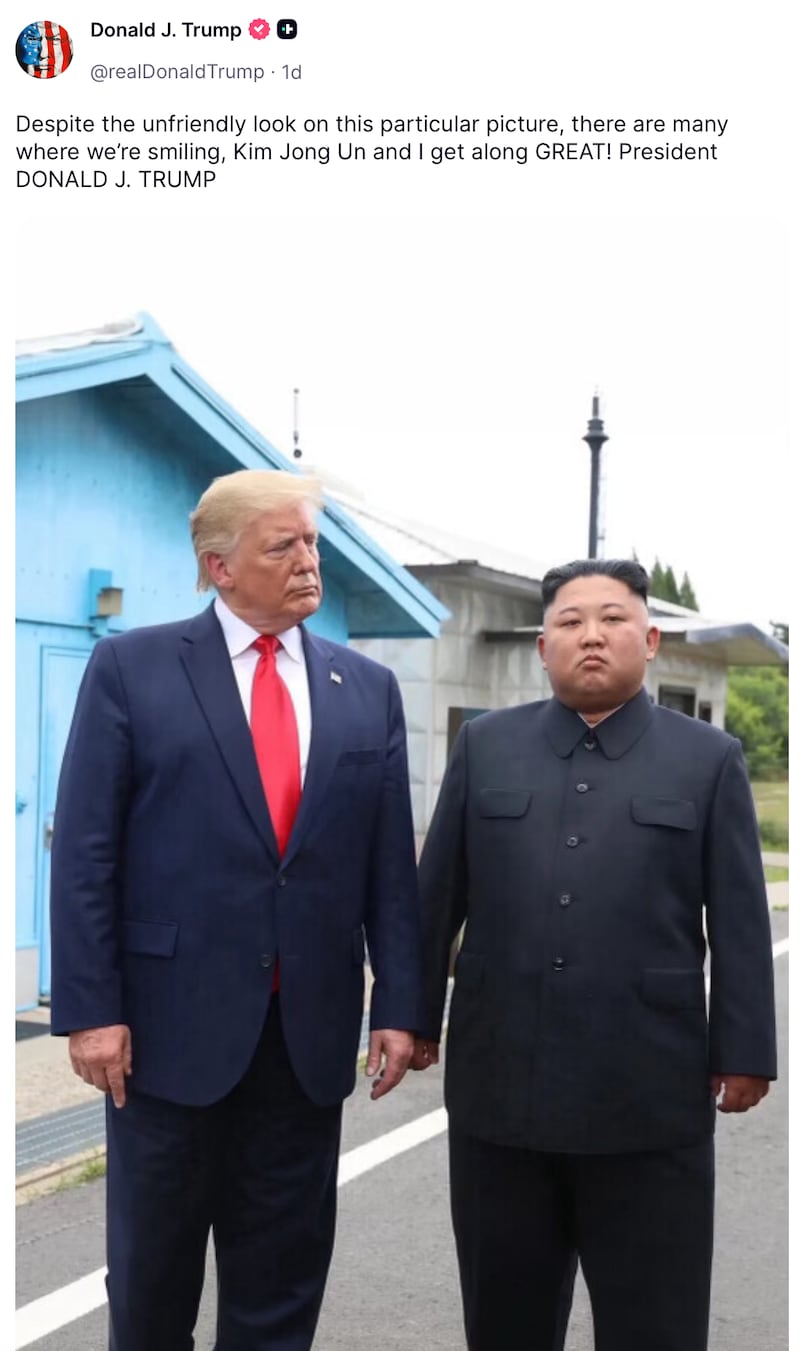 Donald Trump shared an "unfriendly" photo with his friend Kim Jong Un on Saturday.