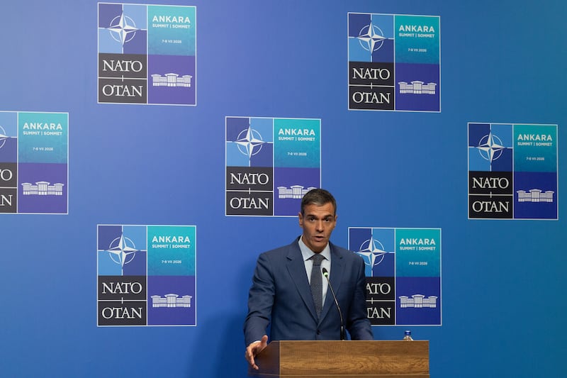 Prime minister of Spain, Pedro Sanchez, speaks during a press conference during the NATO summit on July 08, 2026 in Ankara, Turkey.