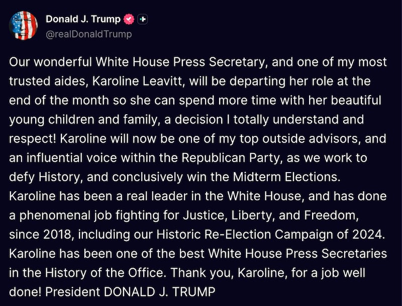 Donald Trump announced Leavitt's departure on social media.