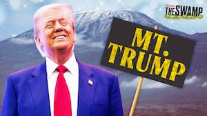 A photo illustration of Donald Trump in front of Mount Kilimanjaro with a sign that reads Mt. Trump.