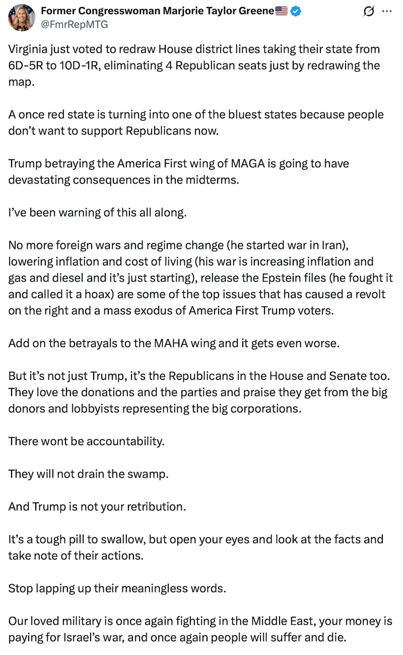 Majorie Taylor Greene blames Donald Trump for Virginia loss.