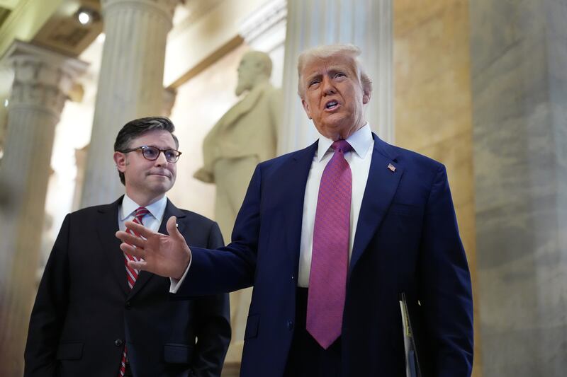 WASHINGTON, DC - MAY 20: President Donald Trump arrives with Speaker of the House Mike Johnson (R-LA) for a House Republican meeting at the U.S. Capitol on May 20, 2025 in Washington, DC. Trump will join conservative House lawmakers to help push through their budget bill after it advanced through the House Budget Committee on Sunday evening.  (Photo by Kevin Dietsch/Getty Images)