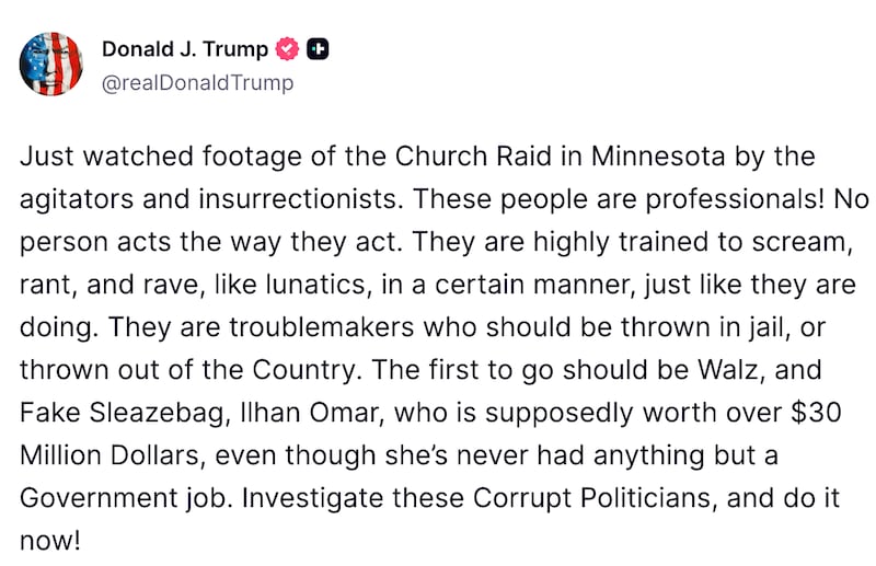 Screengran of Donald Trump's Truth Social post.