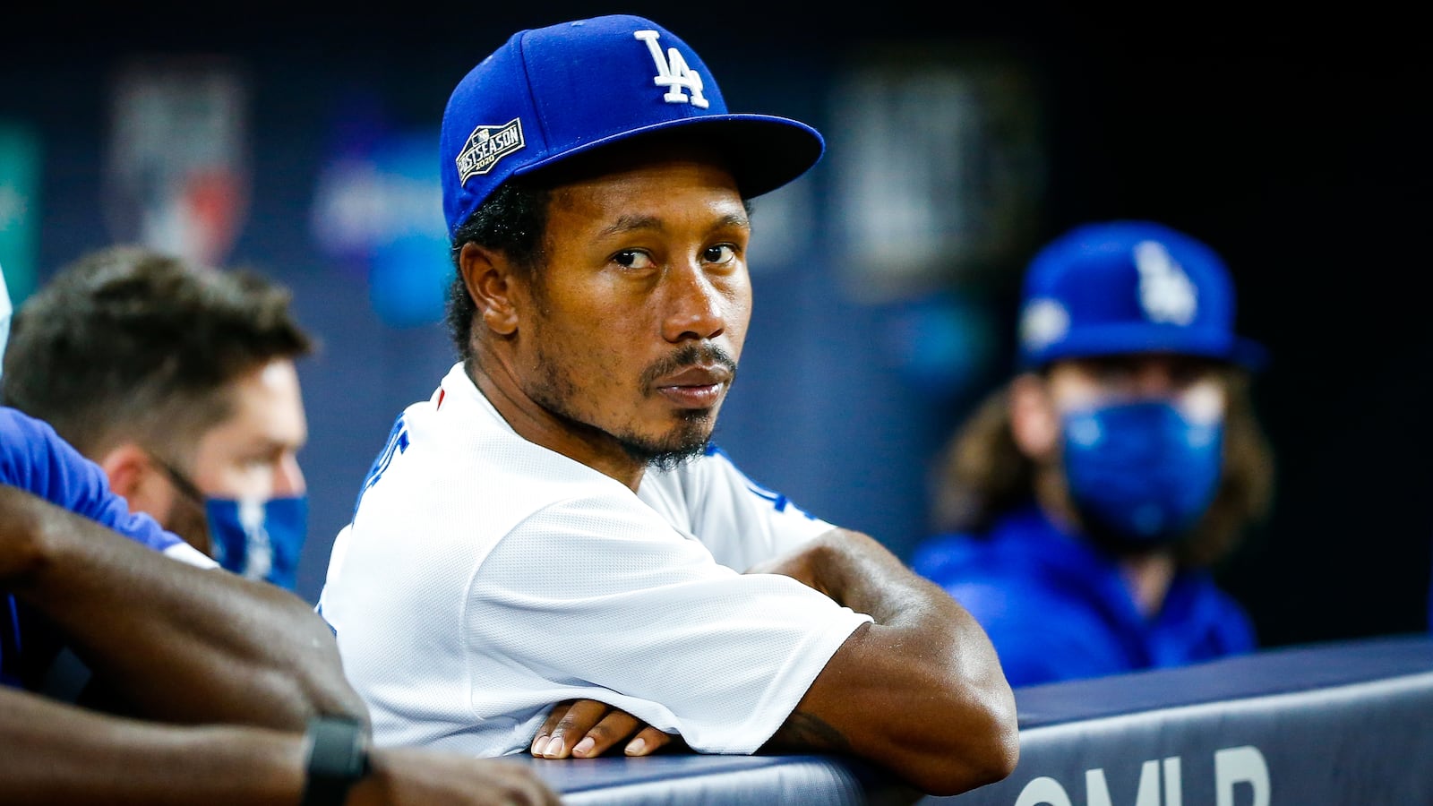 ARLINGTON, TX - OCTOBER 07: Terrance Gore #27 of the Los Angeles Dodgers looks on from the dugout during Game 2 of the NLDS between the Los Angeles Dodgers and the San Diego Padres at Globe Life Field on Wednesday, October 7, 2020 in Arlington, Texas. (Photo by Kelly Gavin/MLB Photos via Getty Images)