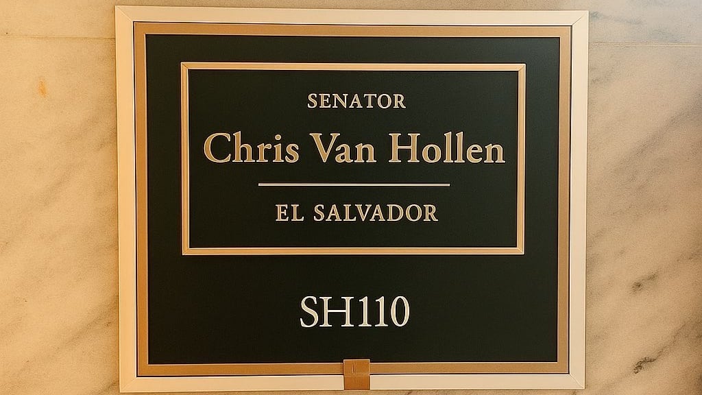 An altered Senate office plaque.