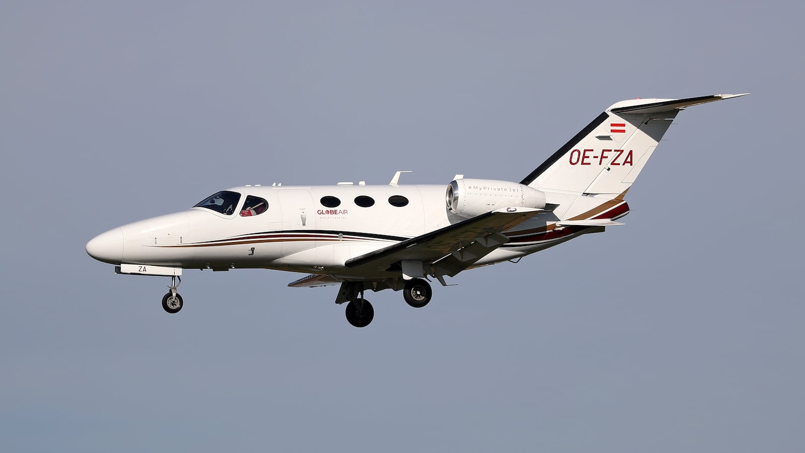 Cessna 510 Citation Mustang aircraft, of the GlobeAir company, getting ready to land at Barcelona airport, in Barcelona on January 2022.
-- (Photo by Urbanandsport/NurPhoto via Getty Images)