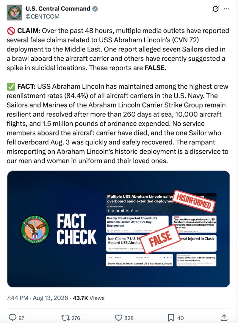 CENTCOM issued a statement that did not directly address some specific claims about conditions on board the ship.