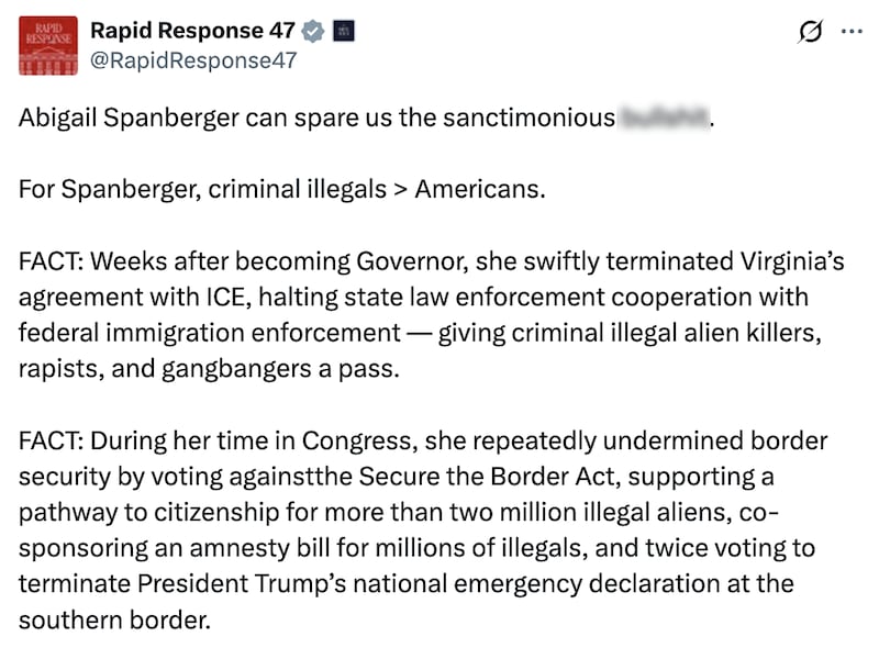 Rapid Response 47 post about Abigail Spanberger