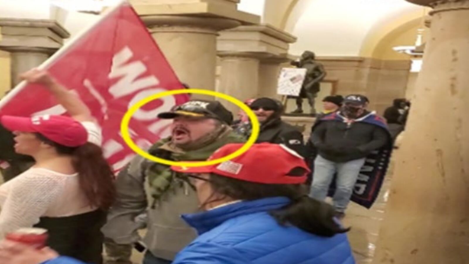 A screenshot taken from an open source video, showing Miles Adkins inside the U.S. Capitol crypt during the riot on Jan. 6, 2021.
