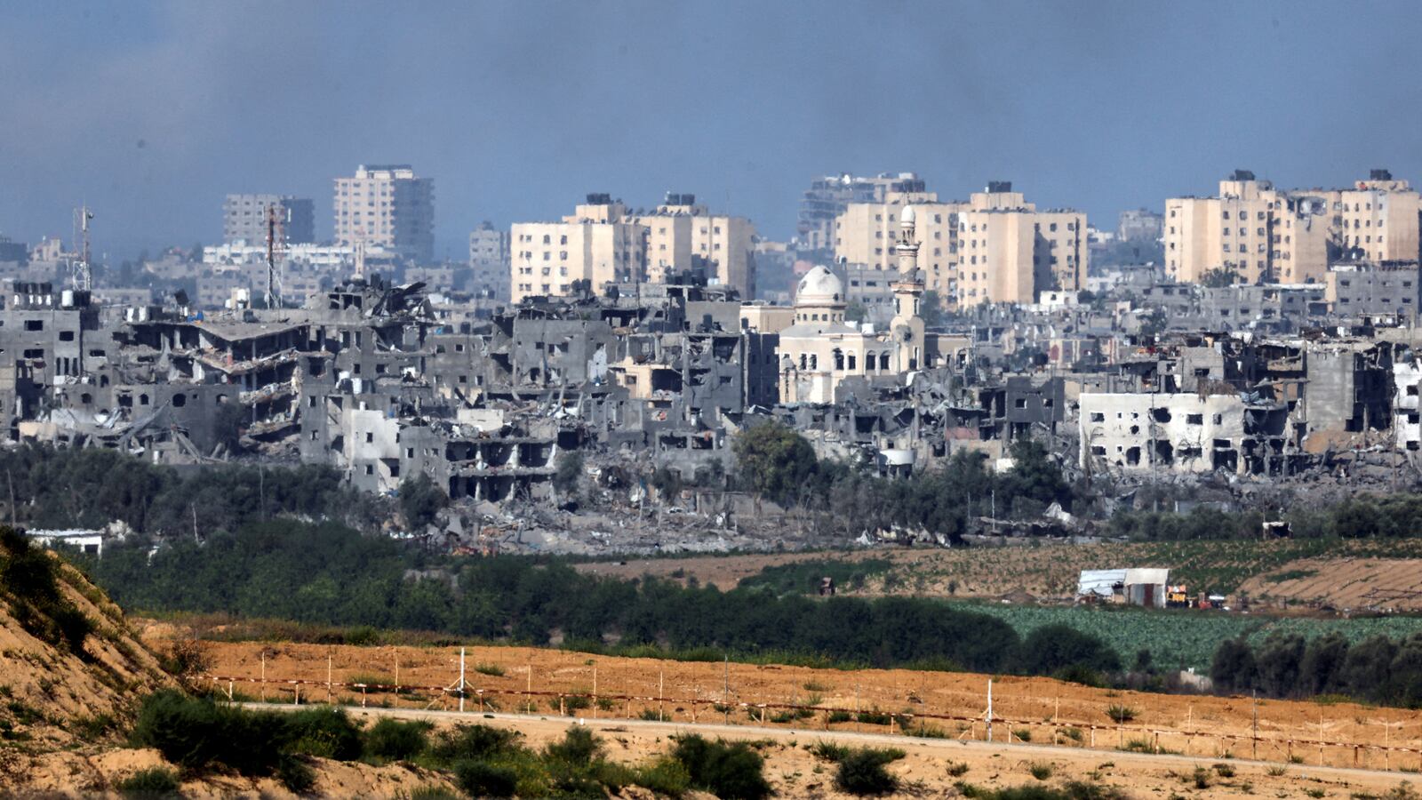 A view shows destroyed buildings in the Gaza Strip as seen from Israel’s border with the Gaza Strip, in southern Israel, Oct. 15, 2023.