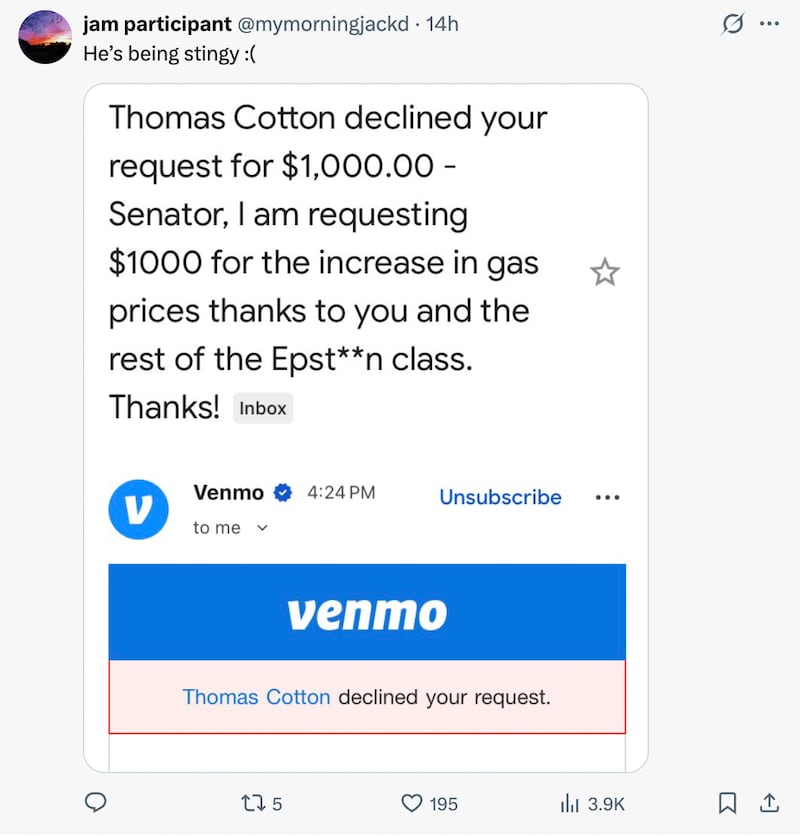 An X user asks Sen. Tom Cotton to subsidize the price of gas.