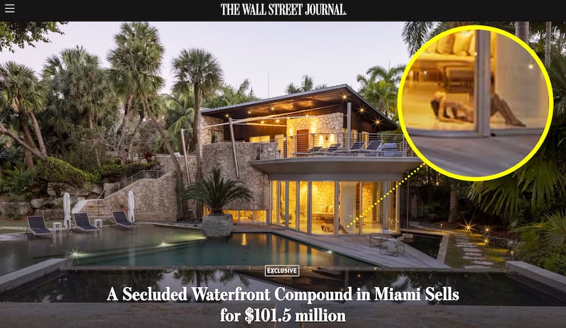 The home bought by Larry Page with an inset enlargement of a realistic sculpture of a nude woman