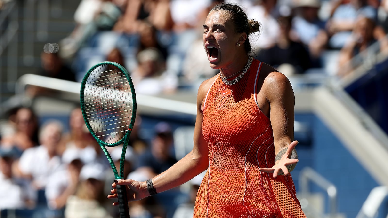 Aryna Sabalenka reacts against Linda Noskova of Czechia during their Women's Singles Quarterfinal match on Day Ten of the 2026 US Open at USTA Billie Jean King National Tennis Center on September 08, 2026.