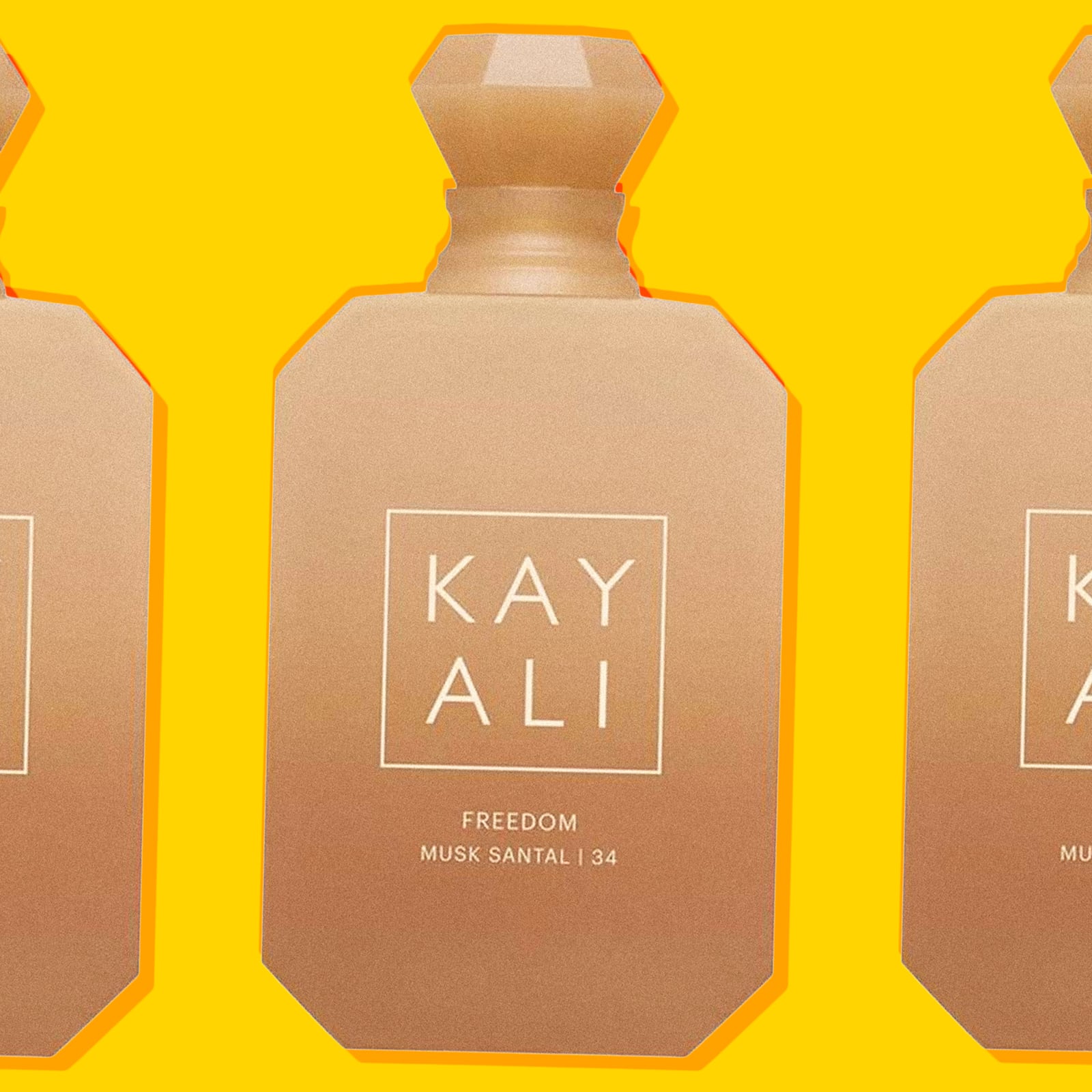 A photo illustration for Looker for Kayali’s Freedom Musk Santal 34.