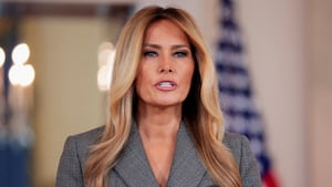 U.S. first lady Melania Trump delivers remarks regarding the late financier and convicted sex offender Jeffrey Epstein s from the Grand Foyer of the White House in Washington, D.C., U.S., April 9, 2026. REUTERS/Evan Vucci
