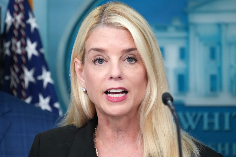 Attorney General Pam Bondi delivers remarks during a press conference in the James S. Brady Press Briefing Room of the White House August 11, 2025 in Washington, DC.
