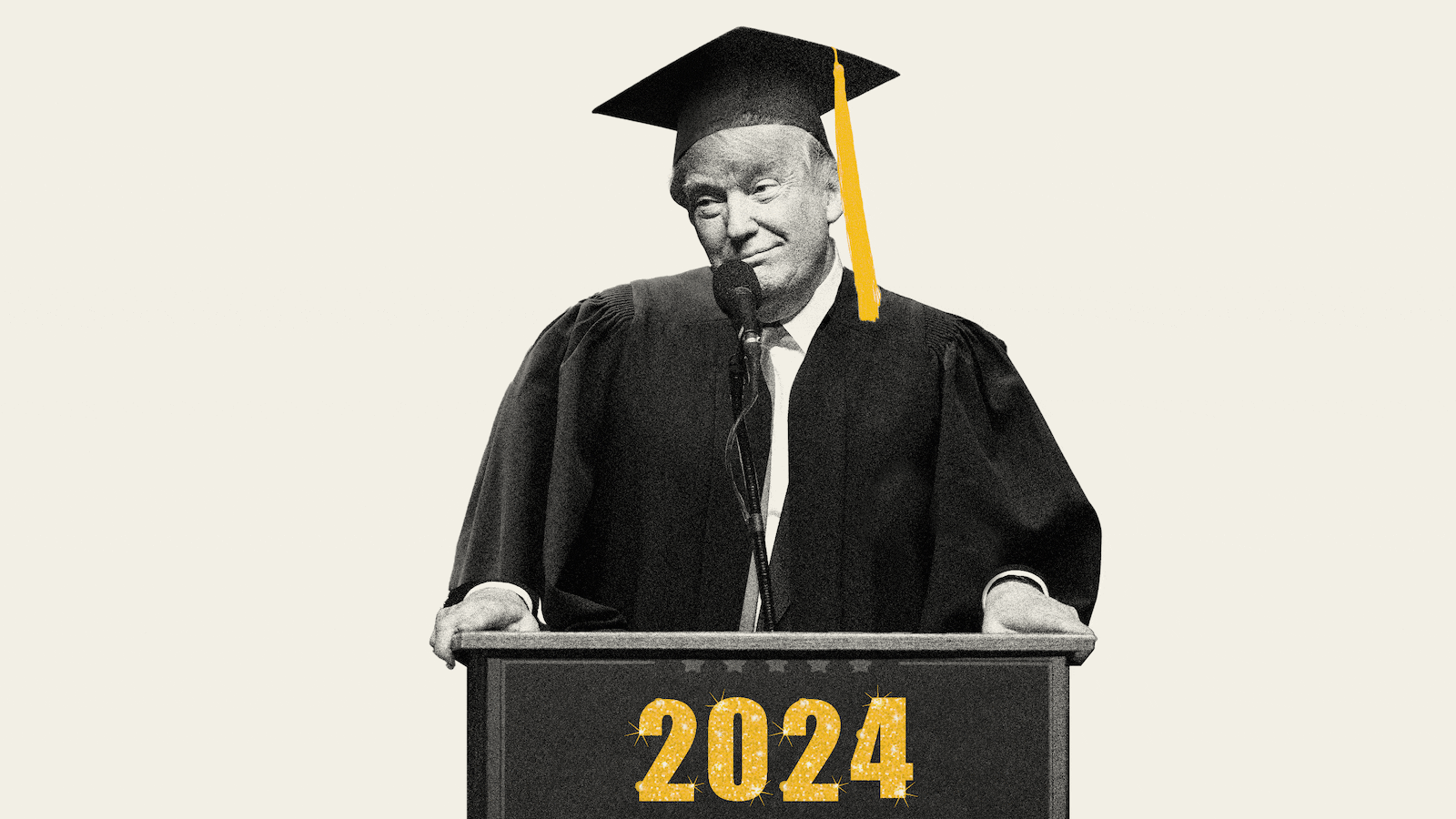 Illustrative gif of Donald Trump at a podium speaker wearing graduation robes with his head moving