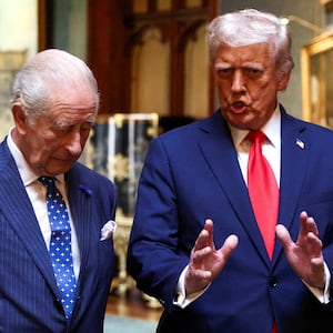 Britain's King Charles III talks with US President Donald Trump during a formal farewell at Windsor Castle, in Windsor, on September 18, 2025, on the second day of their second State Visit. After the royal hospitality and pageantry, US President Donald Trump's unprecedented second state visit to the UK takes a serious turn on Thursday when he is hosted by Prime Minister Keir Starmer for wide-ranging talks. Starmer will greet Trump on the second day of the visit at his country residence, Chequers, with pressing issues such as trade, Ukraine and Gaza on the agenda. (Photo by Kevin Lamarque / POOL / AFP) (Photo by KEVIN LAMARQUE/POOL/AFP via Getty Images)