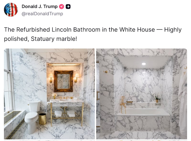 Donald Trump unveils Lincoln Bathroom renovation on Truth Social.