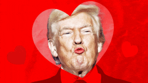 Donald Trump winks as he puckers up for a kiss.