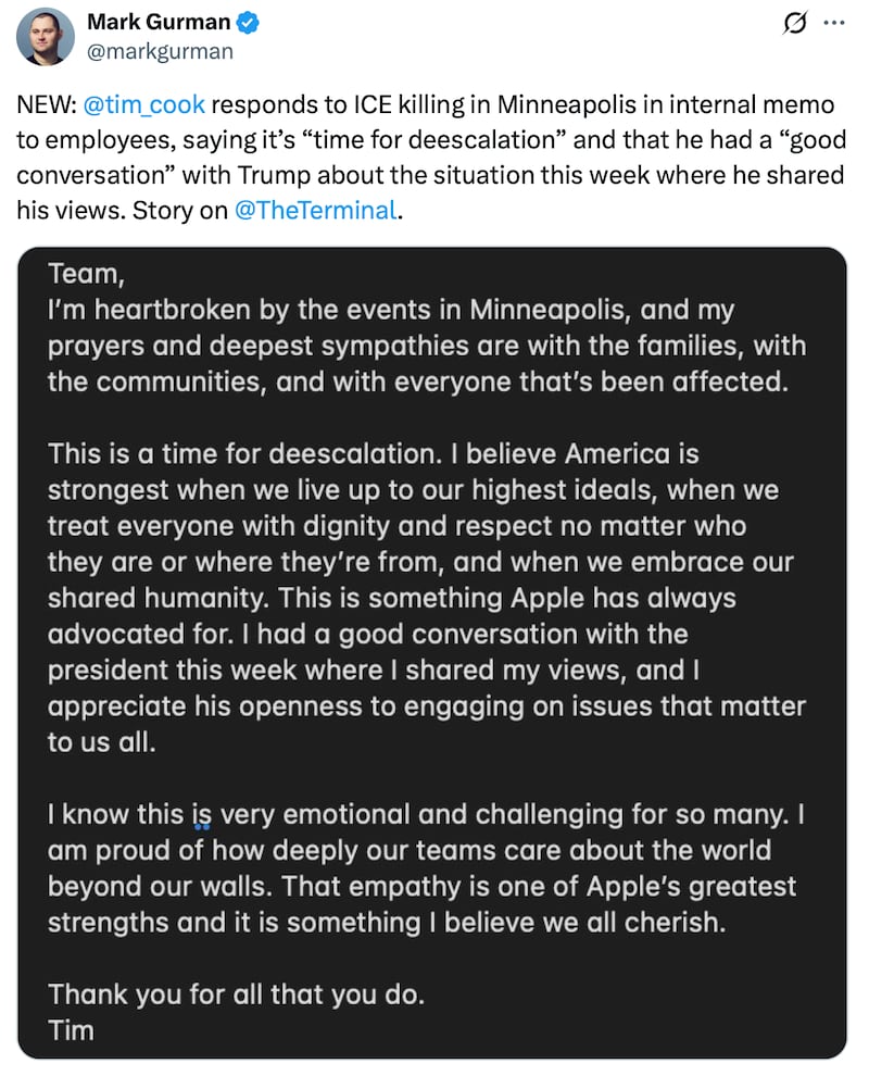 Tim Cook's internal memo released to Apple staff.