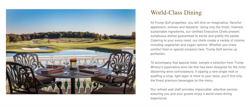 World class dining. A picture of a table in front of a golf club