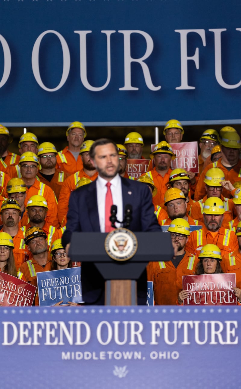 Attendees listen to US Vice President JD Vance deliver remarks on the Trump Administration's economic agenda at the Cleveland-Cliffs Middletown Works steel mill in Middletown, Ohio, on August 21, 2026. (Photo by Leandro Lozada / AFP via Getty Images)