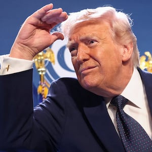U.S. President Donald Trump looks from the stage after delivering remarks to members of the Republican Party, at Trump National Doral Miami in Miami, Florida, U.S., March 9, 2026.