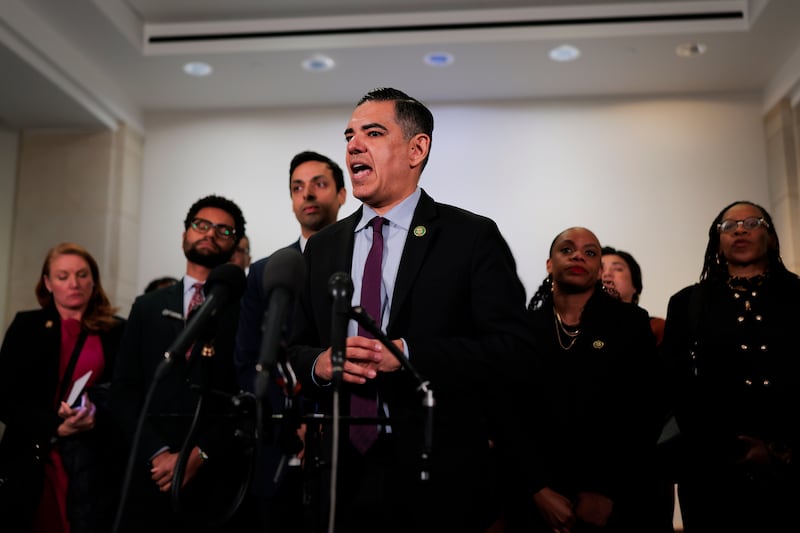 House Oversight Committee Ranking Member Rep. Robert Garcia, surrounded by fellow committee Democrats on March 18, said Bondi must still comply with the subpoena to answer questions about her handling of the Epstein files under oath.