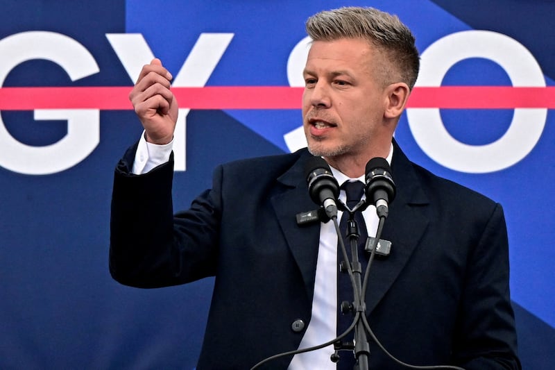 Peter Magyar, leader of the opposition Tisza party, speaks during the closing rally of his electoral campaign in Debrecen, Hungary, April 11, 2026. REUTERS/Marton Monus     TPX IMAGES OF THE DAY