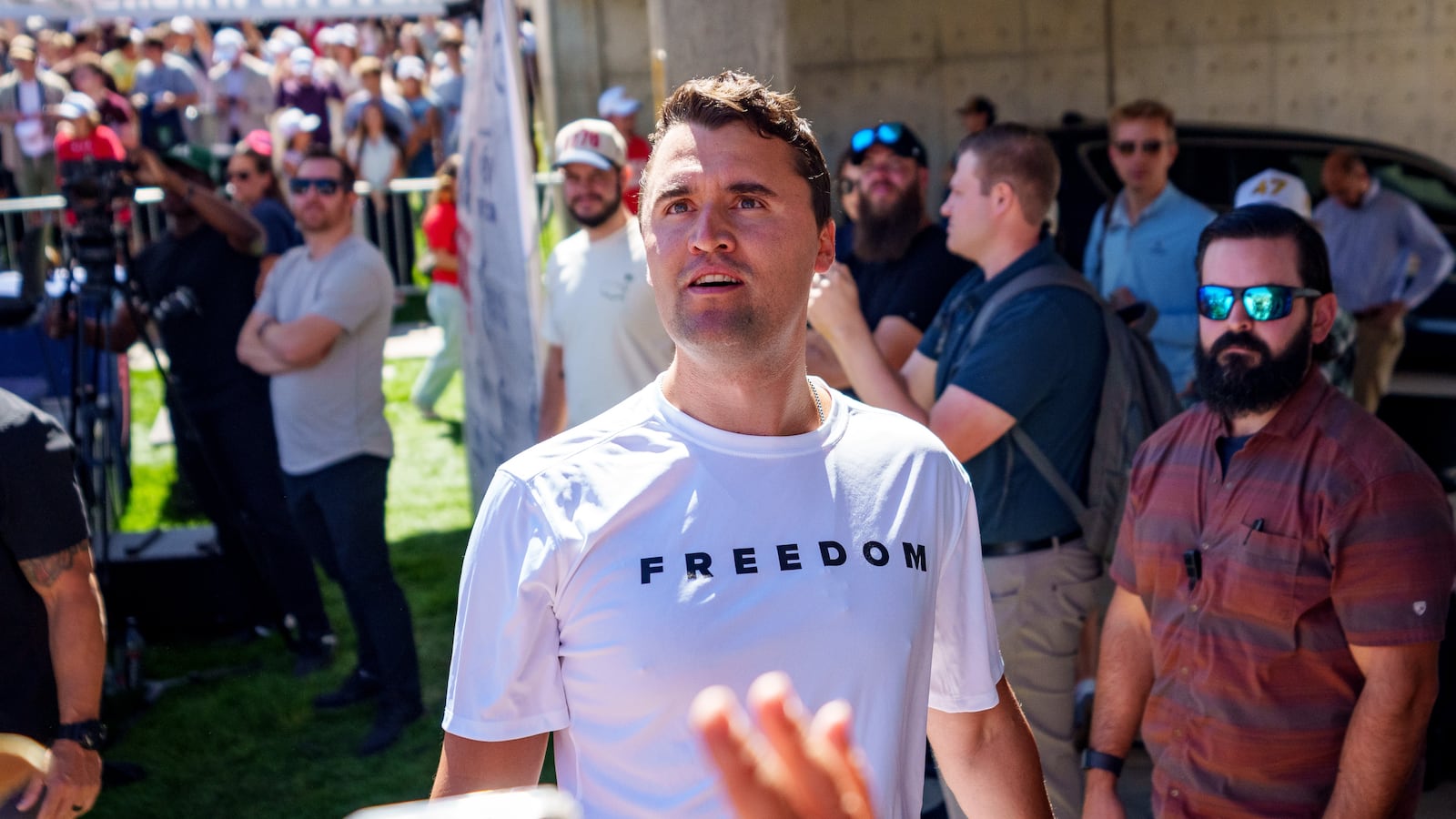 Charlie Kirk speaks at Utah Valley University on Sept. 10, 2025 in Orem, Utah. Kirk, founder of Turning Point USA, was speaking at his "American Comeback Tour" when he was shot in the neck and killed.