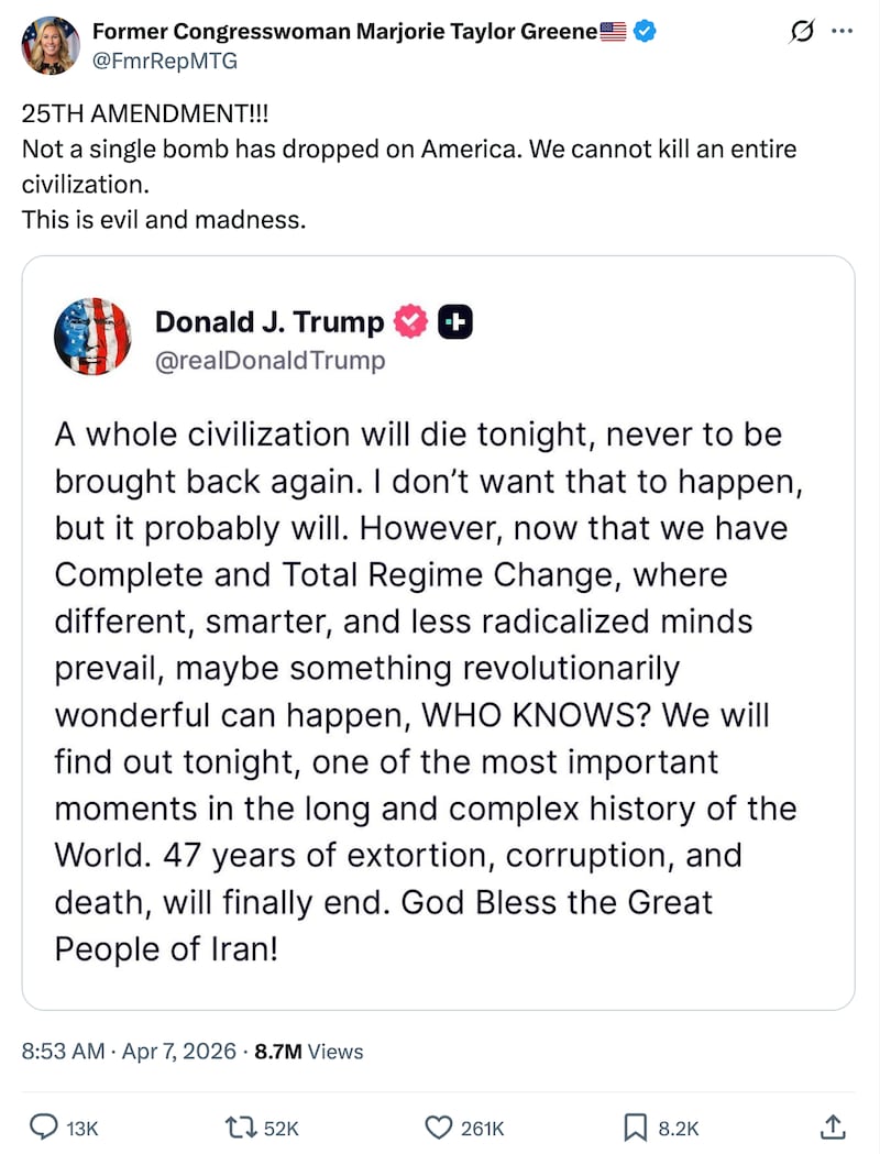 Marjorie Taylor Greene’s post that called for the 25th Amendment to be invoked had received over 260,000 likes by lunchtime Tuesday.