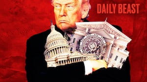 Donald Trump holding the US Capitol, The Supreme Court, The Department of Justice seal and the White House.