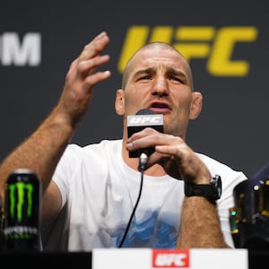 Sean Strickland speaking at a UFC press conference.