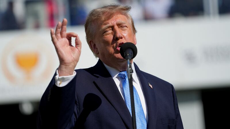 US President Donald Trump speaks during the Presidents Cup at the Medinah Country Club, in Medinah,  Illinois, US, September 27, 2026. REUTERS/Nathan Howard