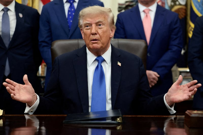 President Donald Trump speaks during a meeting with travel executives in the Oval Office at the White House in Washington, D.C., U.S., September 2, 2026.