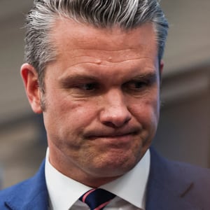 U.S. Secretary of Defense Pete Hegseth reacts during a press conference held by U.S. President Donald Trump in the James S. Brady Press Briefing Room at the White House in Washington, D.C., U.S
